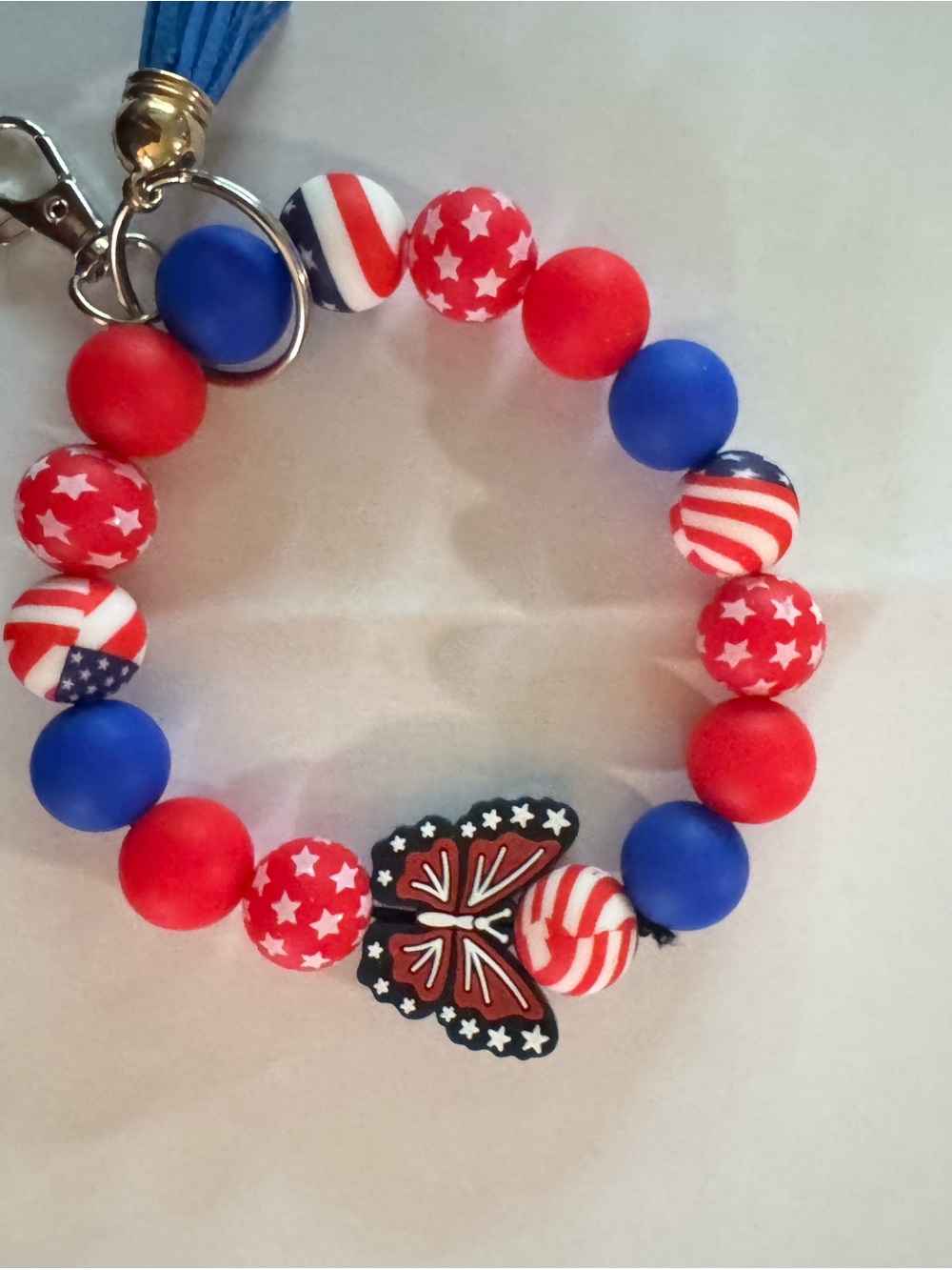 Patriotic Red, White & Blue Beaded Keychain Bracelet